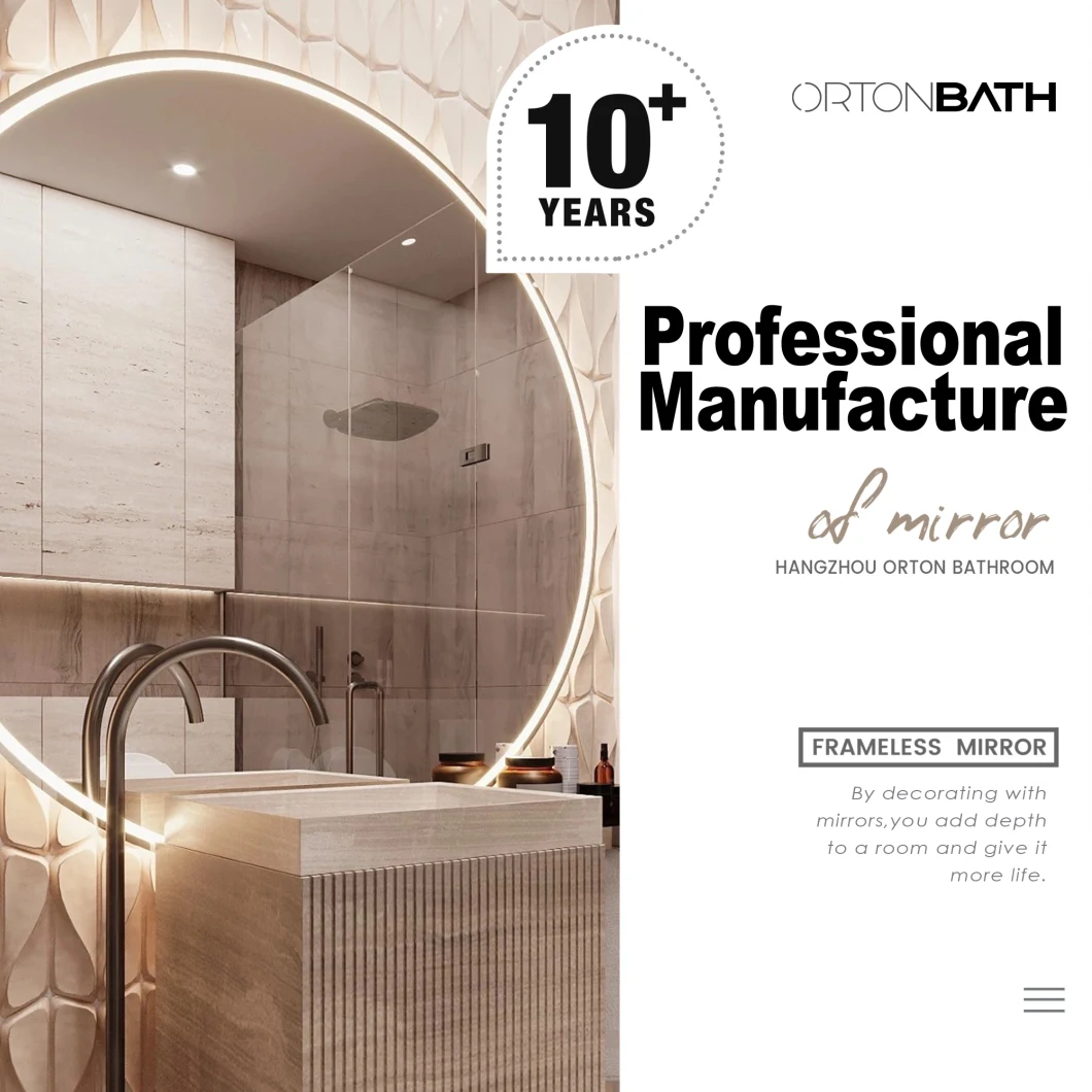Ortonbath Rectangular Large Size Acrylic Frame Make up Smart Bathroom Backlit Anti Fog Vanity LED Light Mirror Wall Mirror Bath LED Mirror