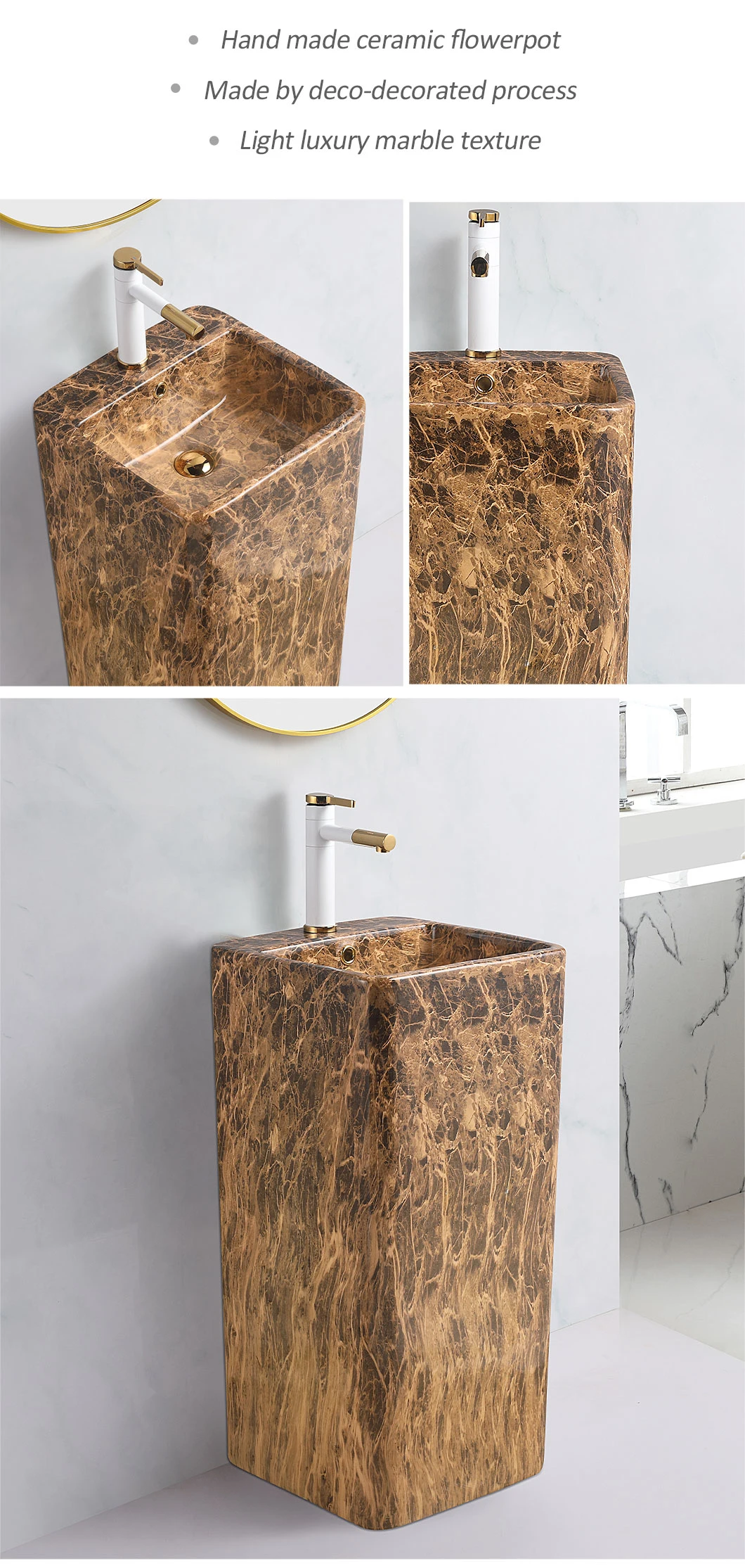 Luxury Marble Colored Pedestal Ceramic Sink Square Shape Modern Stand Single One Piece Bathroom Pedestal Basin