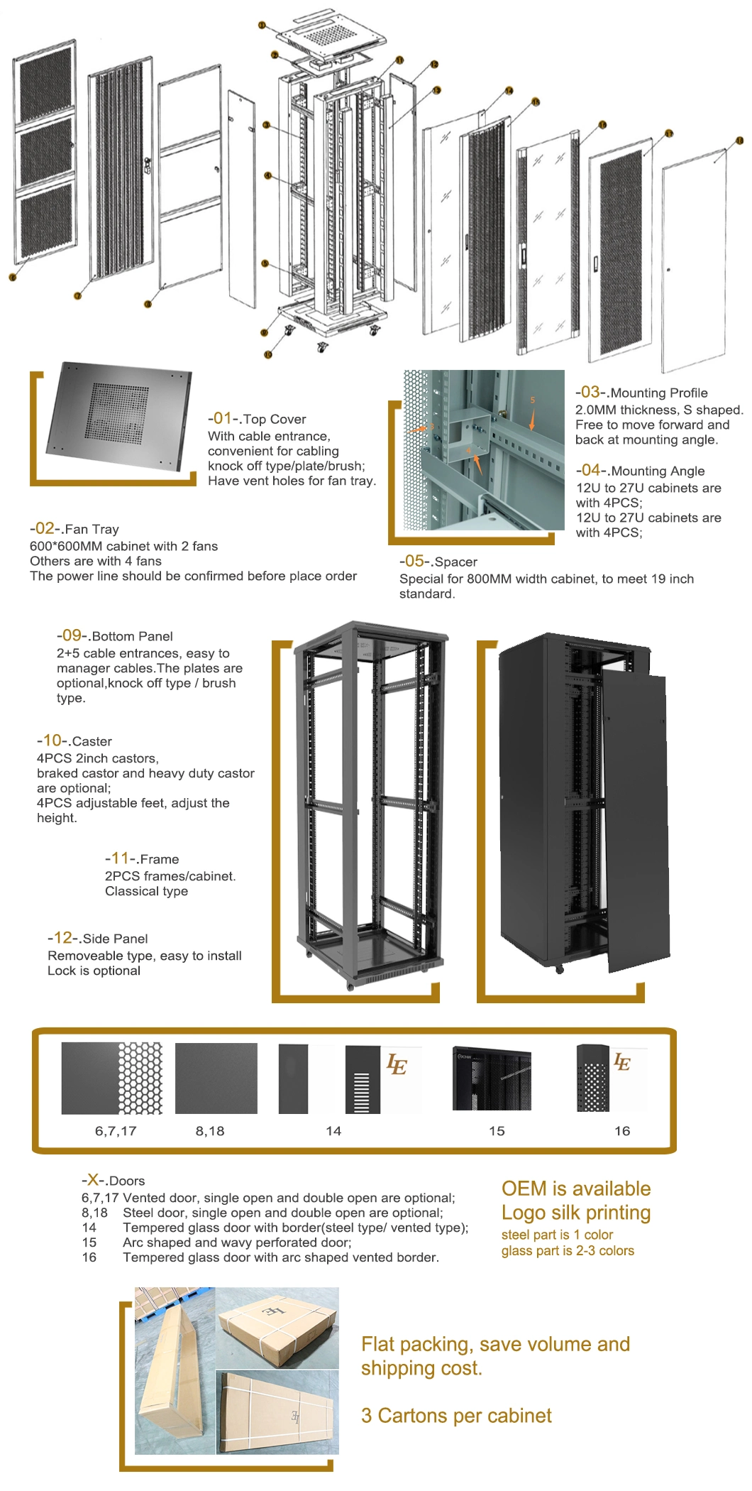 Le Floor Standing SPCC Vented Server Rack OEM 4u-48u 19 Inch Network Cabinet