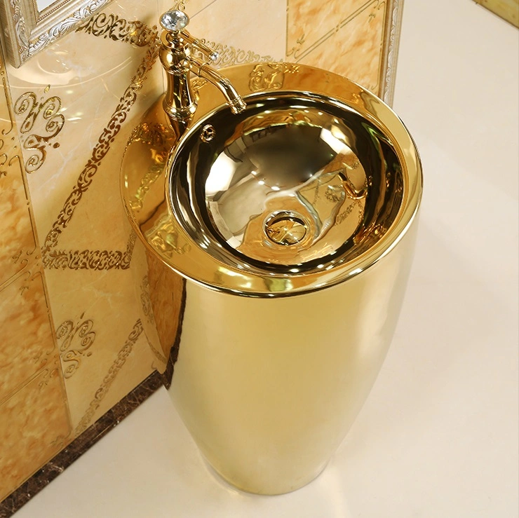 Modern Art Floor Standing Sanitary Ceramics Round Circular Golden Pedestal Wash Basin for Hotel