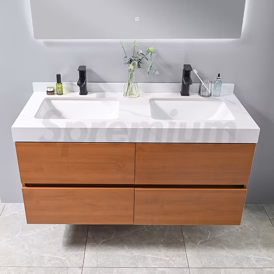 Fornecedor da China Moderno montado na parede grande 4 gavetas armário de armazenamento de madeira compensada espelho de led banheiro vaidade com pia dupla em alta qualidade