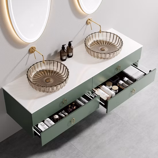 Pia de banheiro de madeira maciça de boa qualidade com tampo de pedra sinterizada branca